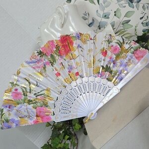 White and Gold Floral Butterfly Design Folding Hand Fan
